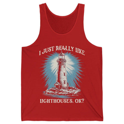 I Just Really Like Lighthouses, Ok? lighthouse Tank Top Red product mockup