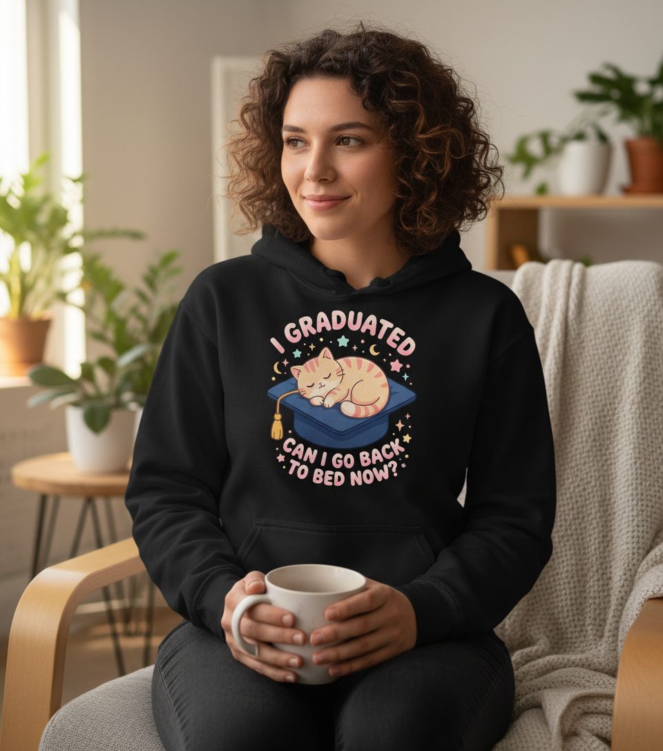 I Graduated CAN I GO BACK TO BED NOW Funny Graduation Cat Hoodie - lifestyle model mockup - Black