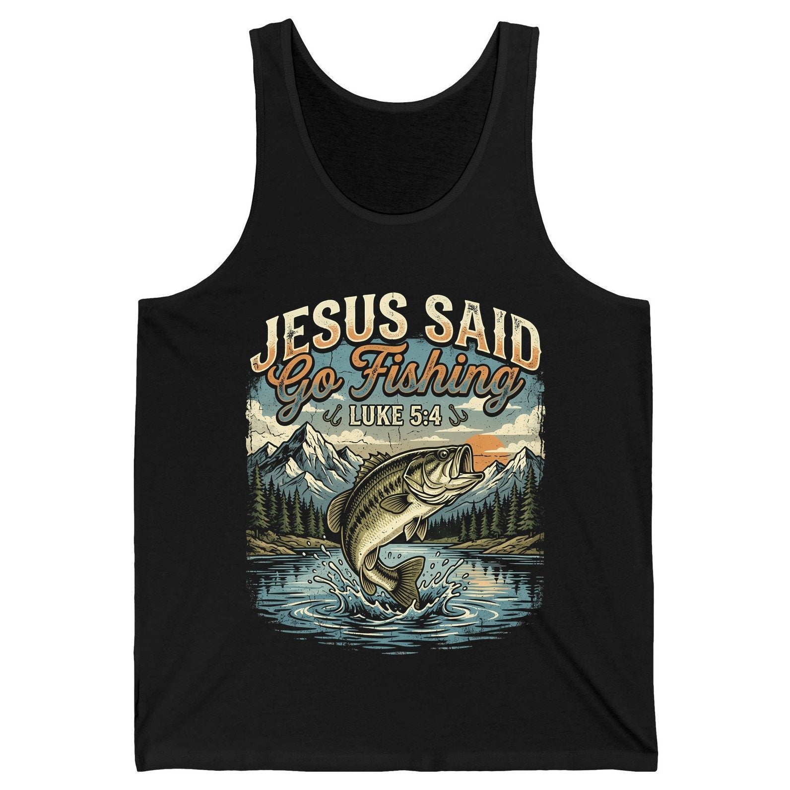 JESUS SAID Go Fishing LUKE 5 4 Retro Christian Tank Top - product mockup - Black