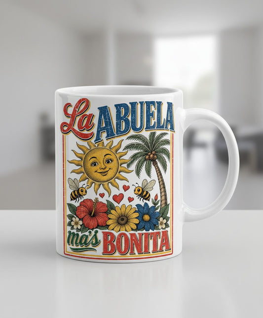 La Abuela Más Bonita Retro Grandma White Mug - product mockup - White