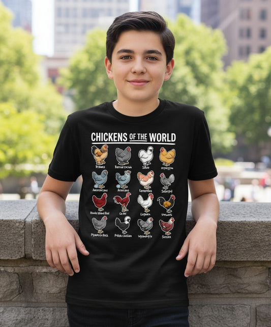 Chickens of the World chicken breeds Youth T-Shirt Black lifestyle mockup