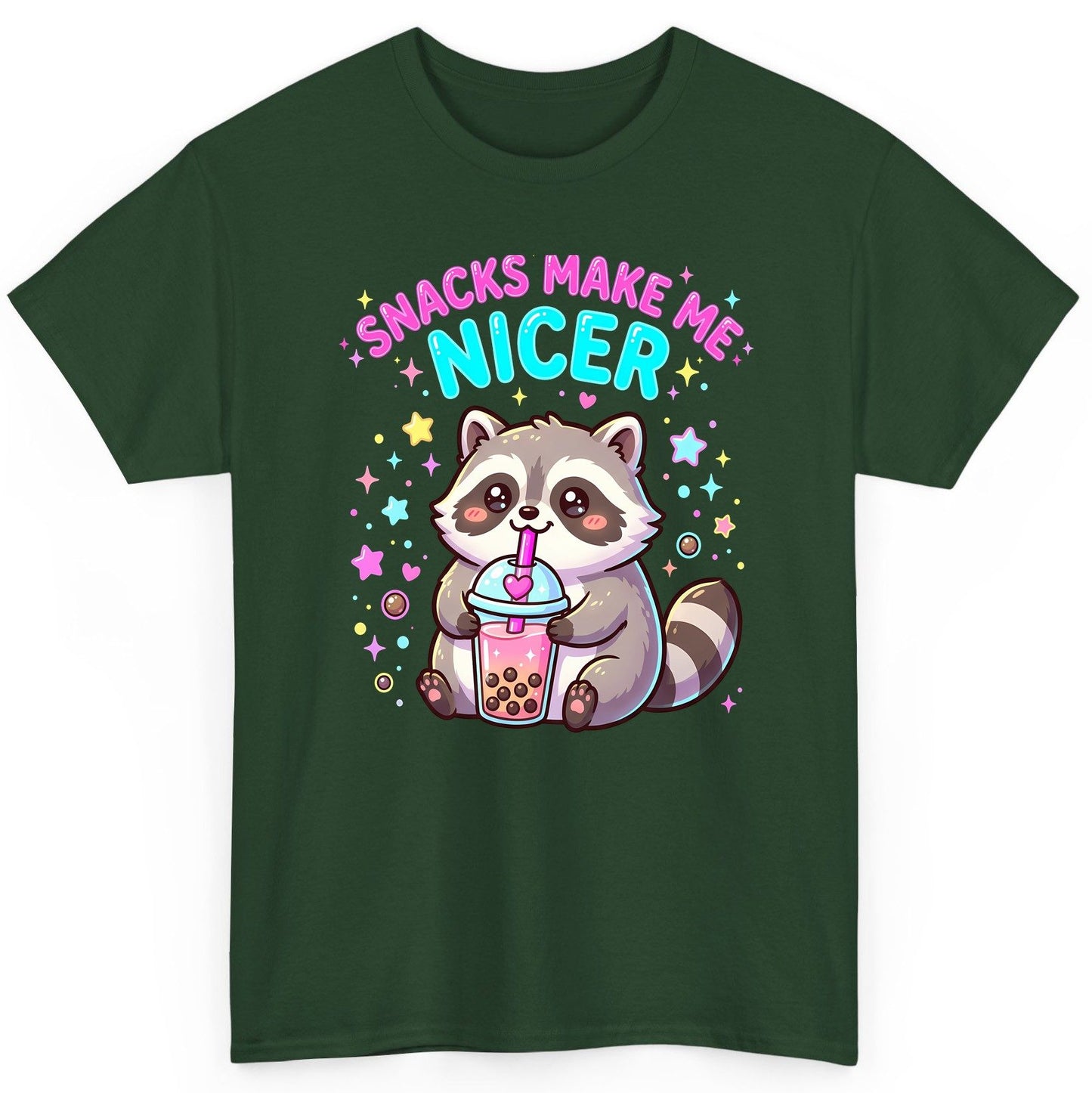 SNACKS MAKE ME NICER Funny Raccoon T-Shirt - product mockup - Forest Green
