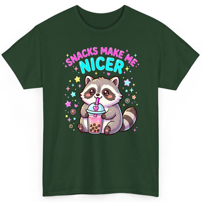 SNACKS MAKE ME NICER Funny Raccoon T-Shirt - product mockup - Forest Green