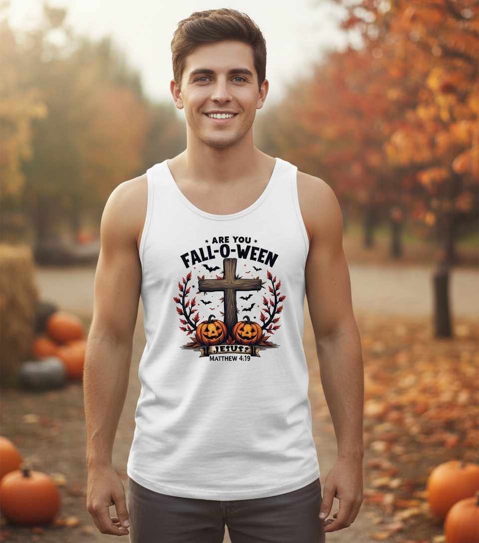 Are You Fall-O-Ween Jesus? christian Halloween Tank Top White lifestyle mockup