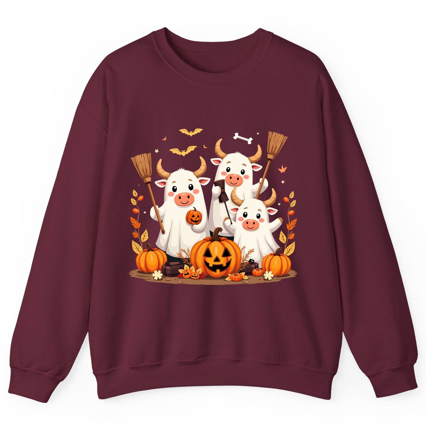 Cute Ghost Cows Halloween cows Sweatshirt Maroon product mockup