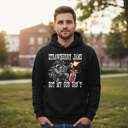 Strawberry Jams but My Gun Don't raccoon Hoodie Black lifestyle mockup