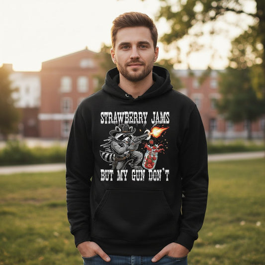 Strawberry Jams but My Gun Don't raccoon Hoodie Black lifestyle mockup