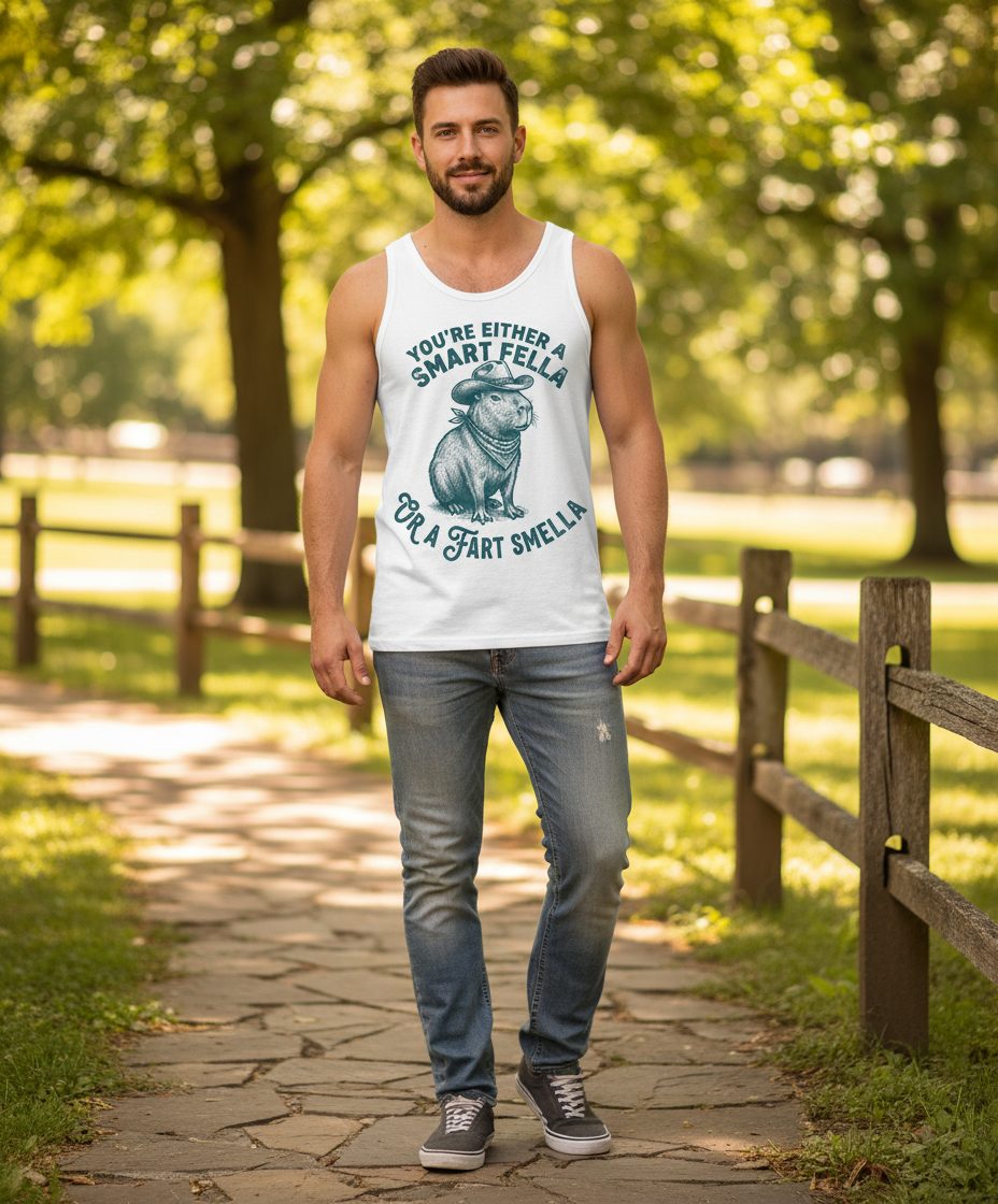 You're Either a Smart Fella or a Fart Smella capybara Tank Top White lifestyle mockup