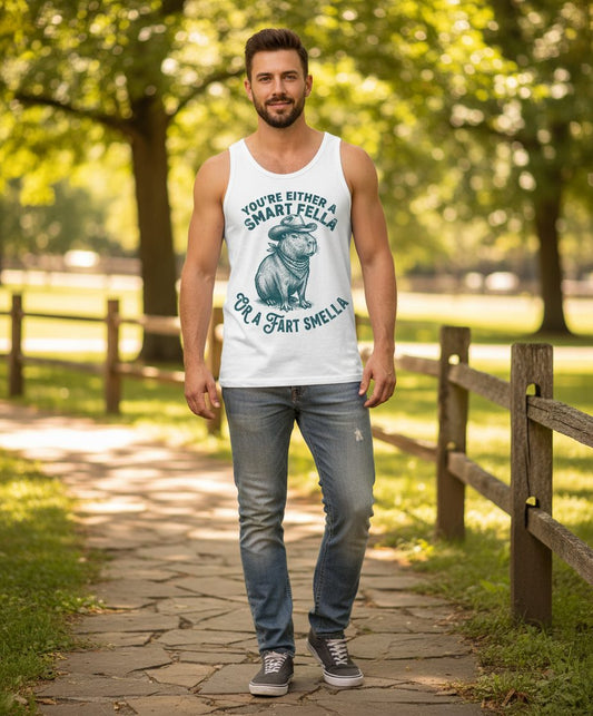 You're Either a Smart Fella or a Fart Smella capybara Tank Top White lifestyle mockup