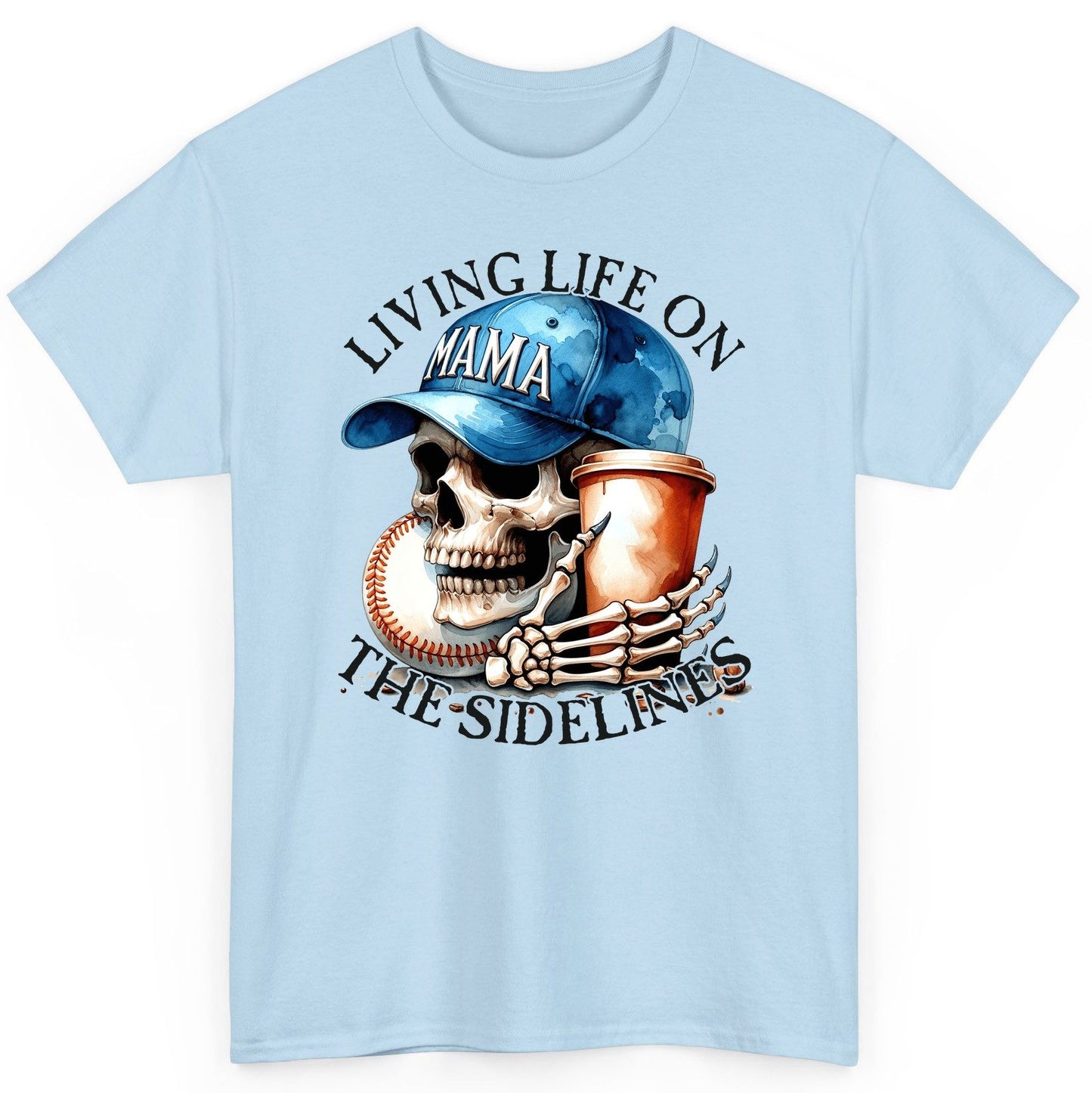 Living Life on the Sidelines Mama baseball mom T-Shirt Light Blue product mockup