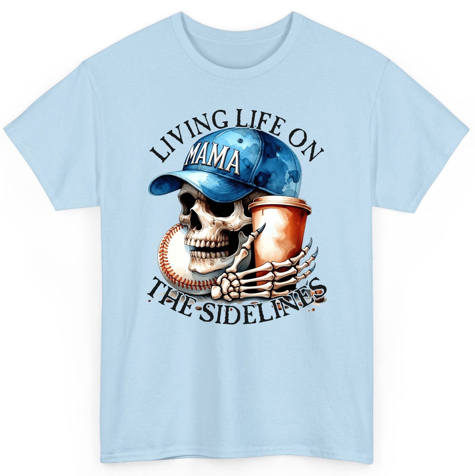 Living Life on the Sidelines Mama baseball mom T-Shirt Light Blue product mockup