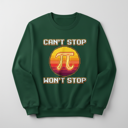 Can't Stop Won't Stop Pi Symbol Retro 8-Bit Math Pun Sweatshirt - Forest Green