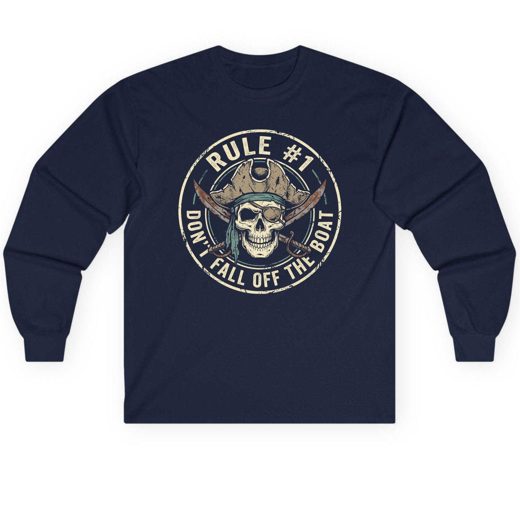 Rule 1 Don't Fall Off the Boat pirate Long Sleeve Tee Navy product mockup