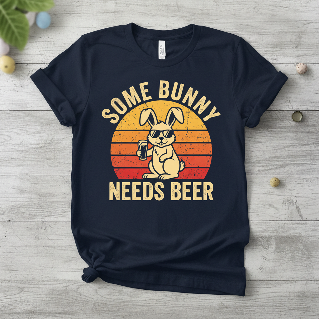 Some Bunny Needs Beer Funny Retro Design T-Shirt - Navy
