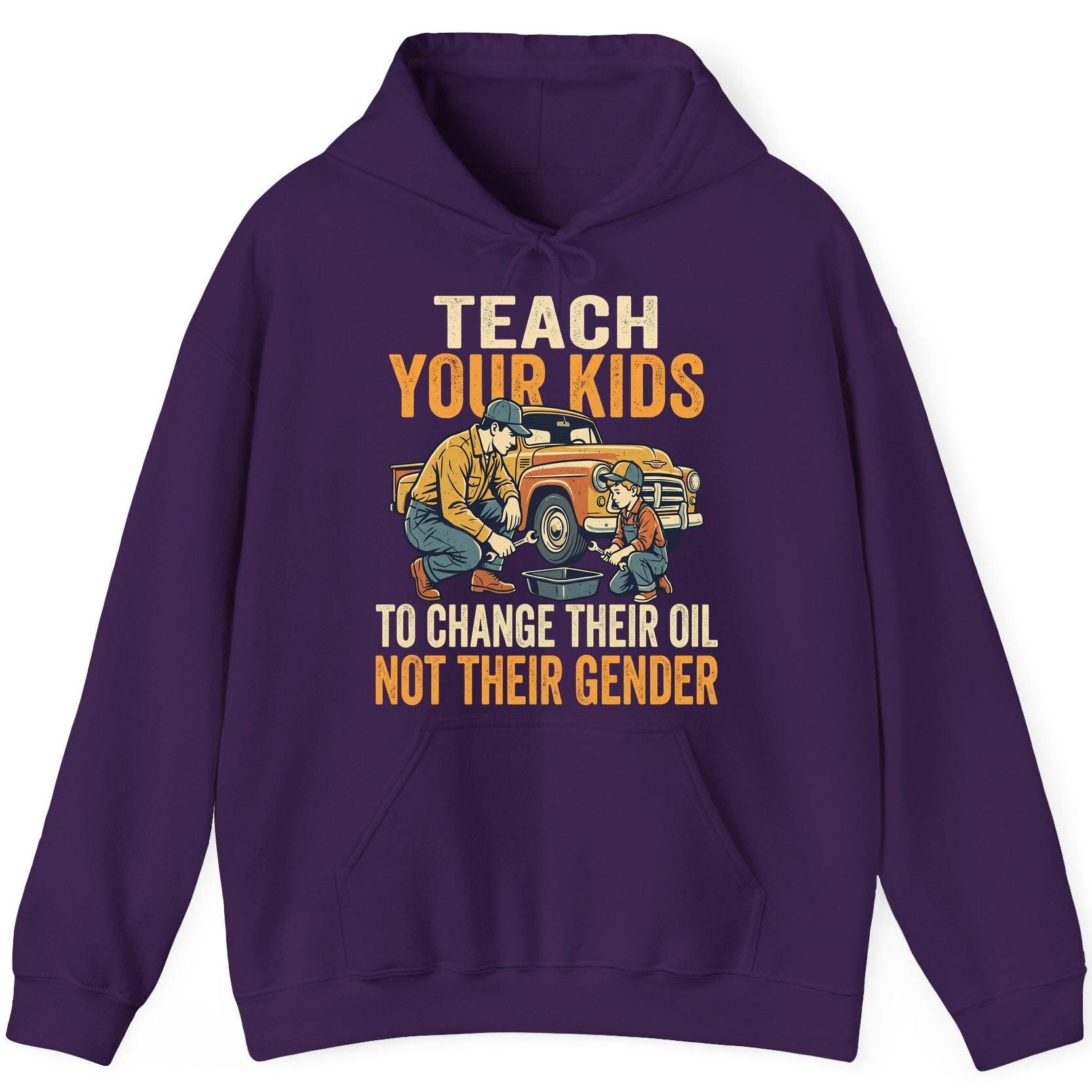 Teach Your Kids to Change Their Oil Not Their Gender father and son car repair Hoodie Purple product mockup