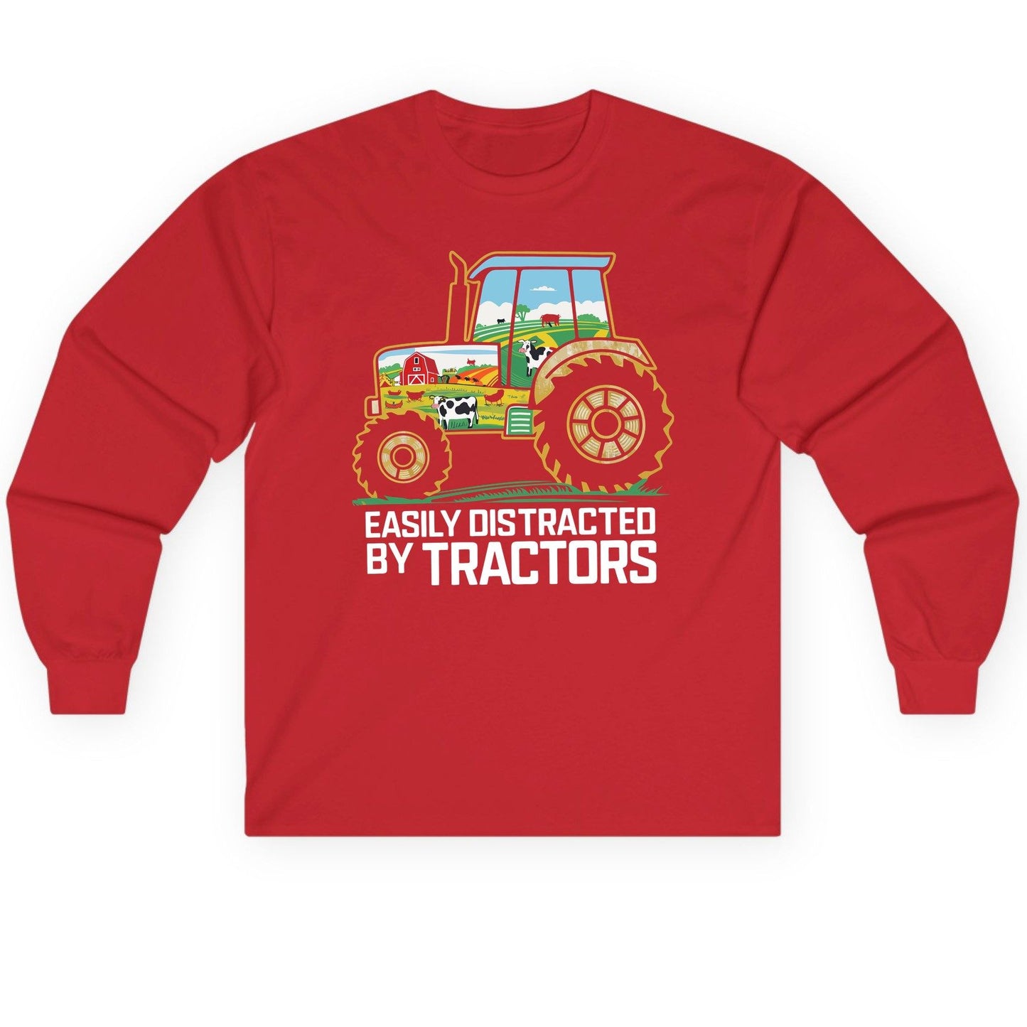 Easily Distracted by Tractors farming Long Sleeve Tee Red product mockup