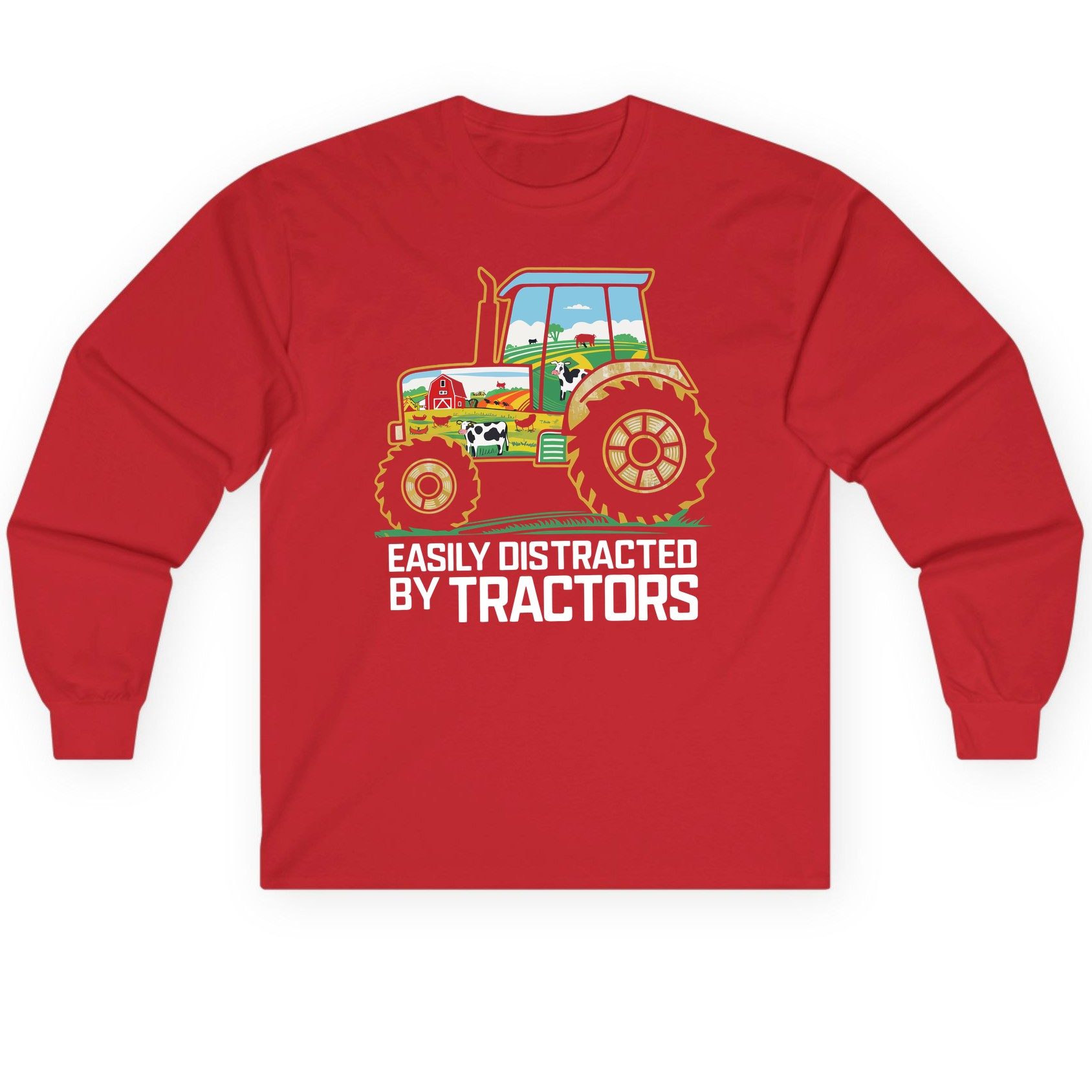 Easily Distracted by Tractors farming Long Sleeve Tee Red product mockup