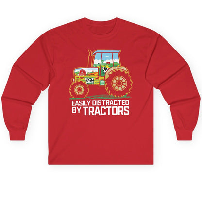 Easily Distracted by Tractors farming Long Sleeve Tee Red product mockup