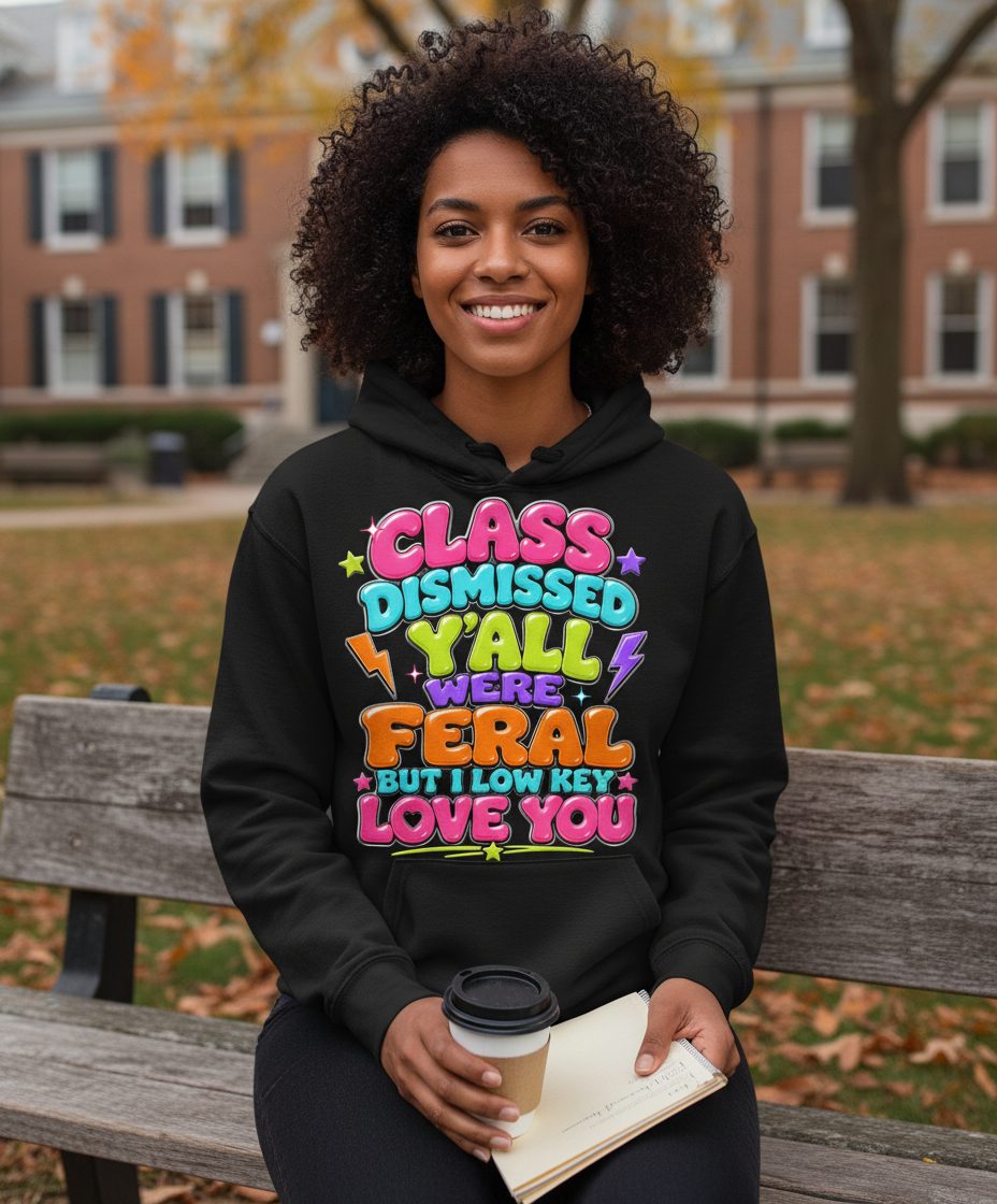 Class Dismissed Y'all Were Feral but I Low Key Love You Hoodie - lifestyle model mockup - Black