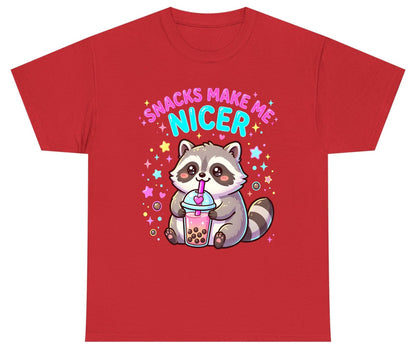 SNACKS MAKE ME NICER Funny Raccoon Youth T-Shirt - product mockup - Red