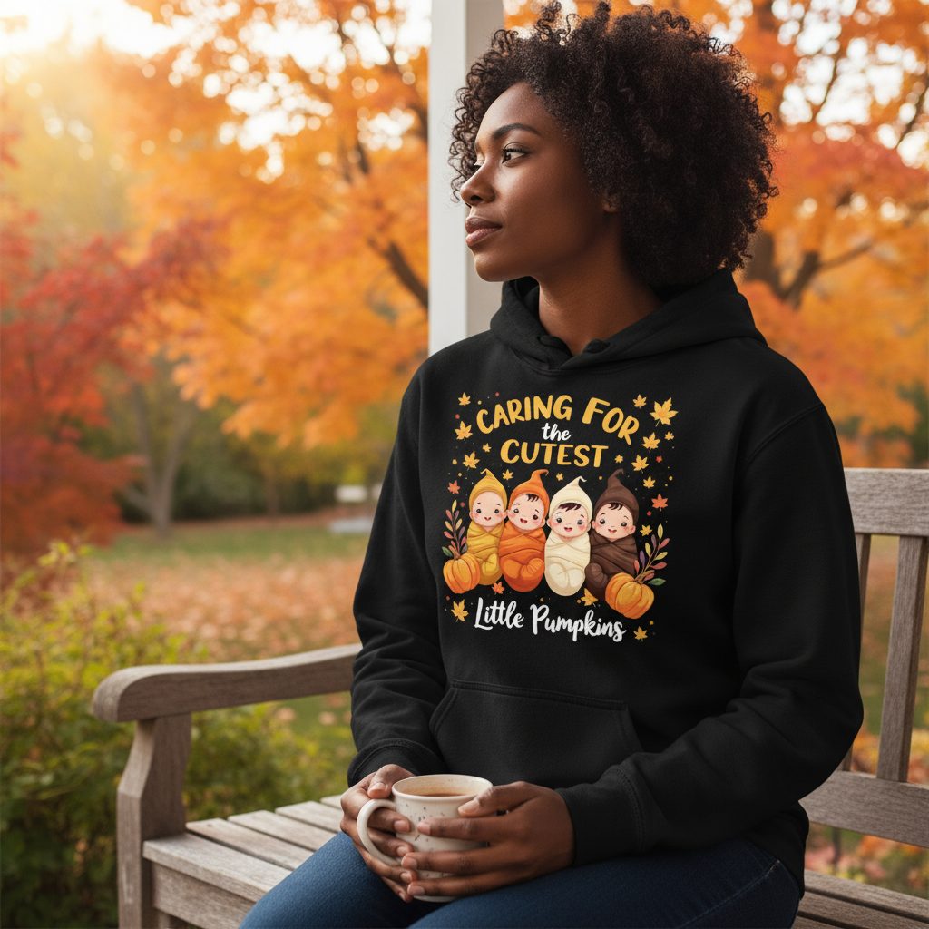 Caring for the Cutest Little Pumpkins swaddled babies Hoodie Black lifestyle mockup