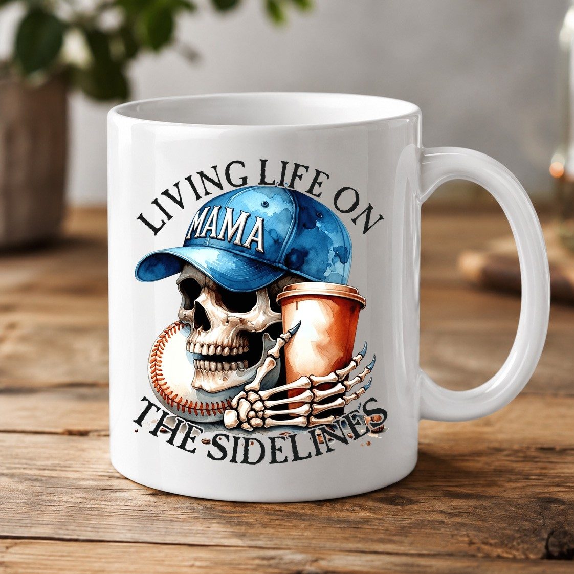 Living Life on the Sidelines Mama baseball mom White Mug White product mockup