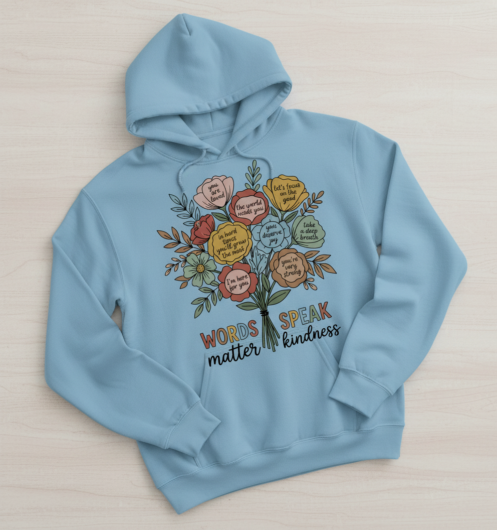 Floral Bouquet of Kindness Positive Affirmations Hoodie - Light Blue