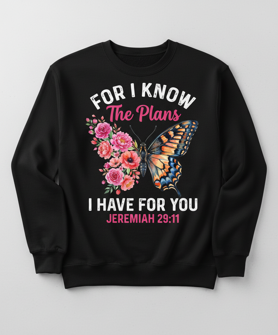 Jeremiah 29:11 Butterfly Floral Christian Verse Sweatshirt - Black