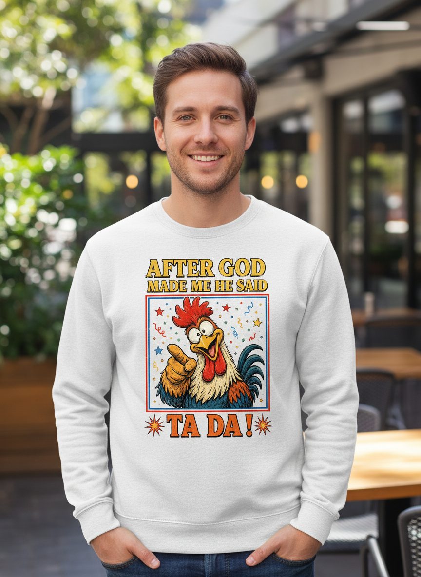AFTER GOD MADE ME HE SAID TA DA Funny Rooster Sweatshirt - lifestyle model mockup - White