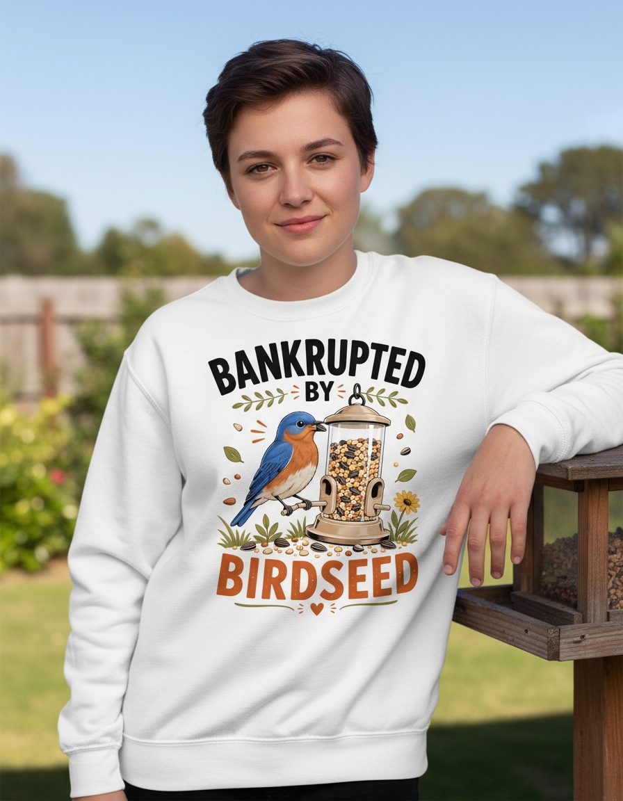 Bankrupted By Birdseed Funny Humor Sweatshirt - lifestyle model mockup - White