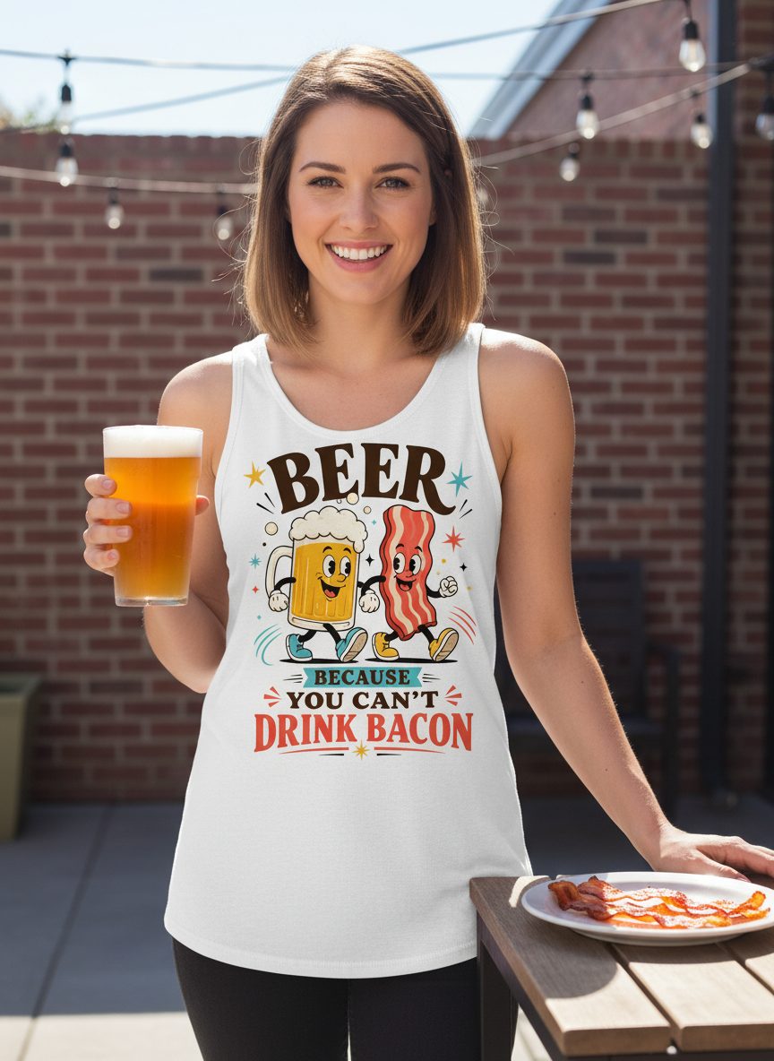 You Can't Drink Bacon Beer and Funny Lovers Tank Top - lifestyle model mockup - White