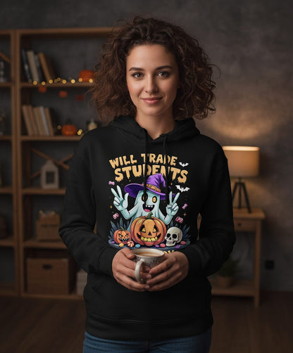 Will Trade Students for Candy teacher humor Hoodie Black lifestyle mockup