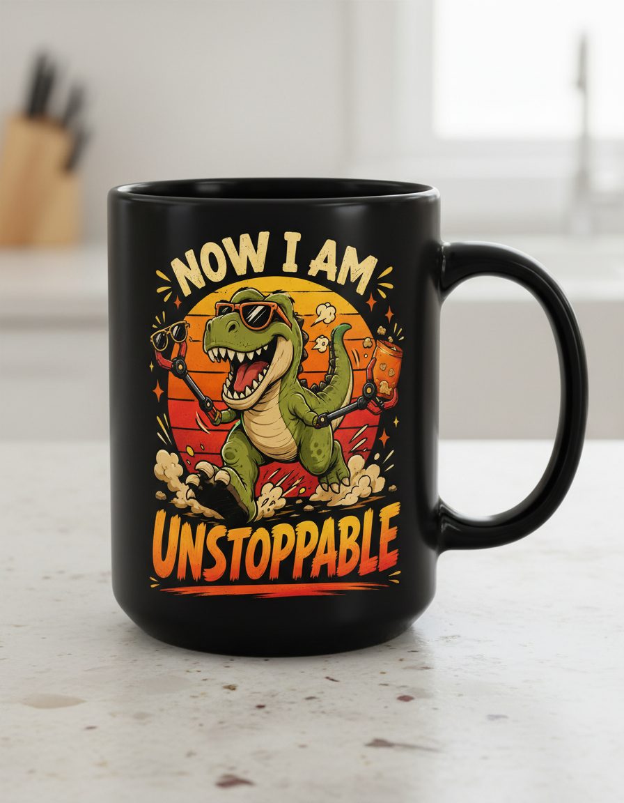 Now I Am Unstoppable Funny T-Rex Dinosaur Black Mug - product mockup - Black
