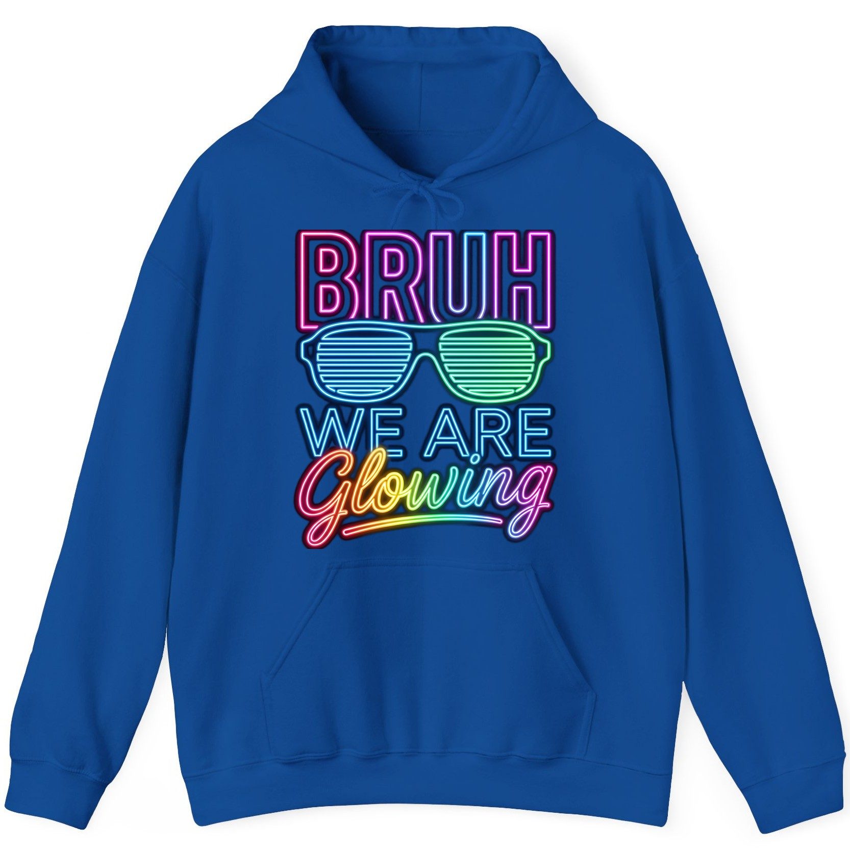 BRUH WE ARE Glowing Neon Party Hoodie Royal product mockup
