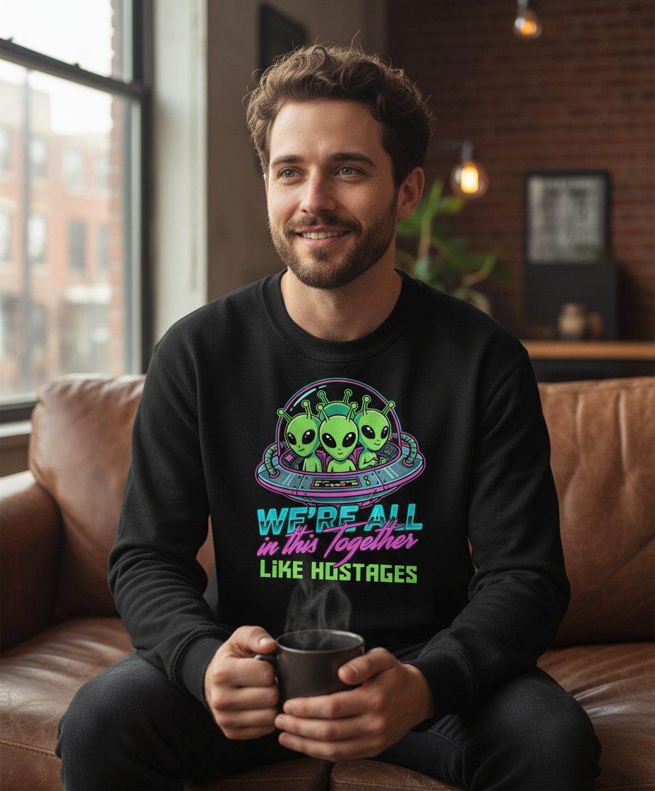 WE'RE ALL in this Together LIKE HOSTAGES Aliens Sweatshirt Black lifestyle mockup