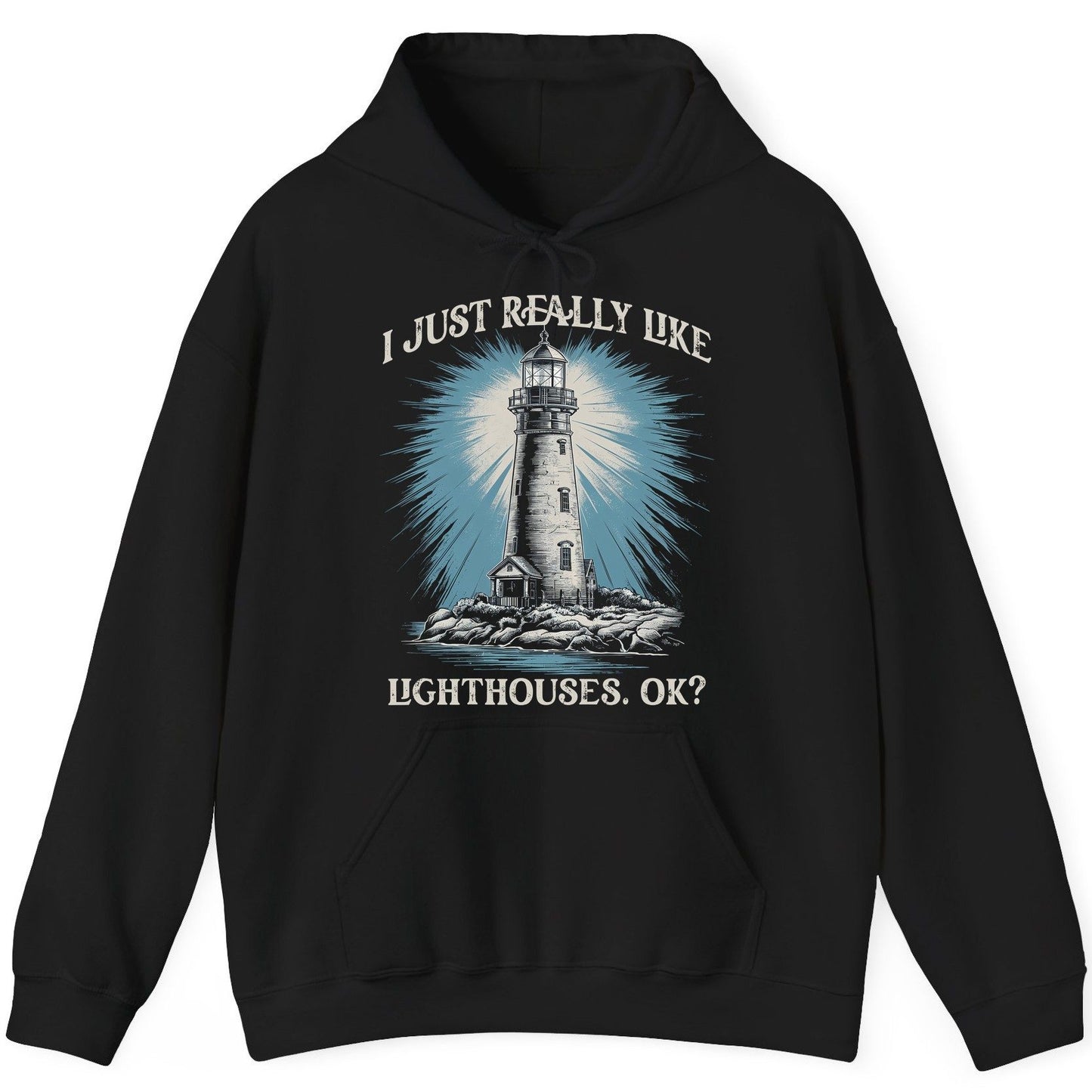 I Just Really Like Lighthouses, Ok? lighthouse Hoodie Black product mockup