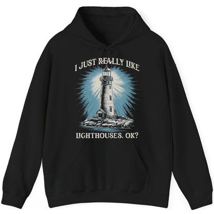 I Just Really Like Lighthouses, Ok? lighthouse Hoodie Black product mockup