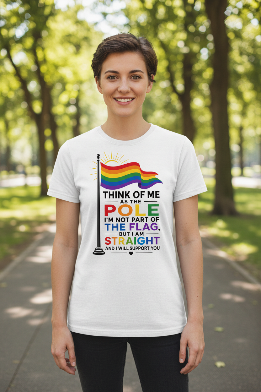 Straight Ally Pride Flag Pole Support Design T-Shirt - White