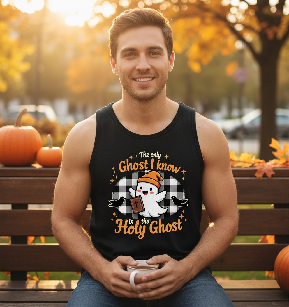 The Only Ghost I Know Is the Holy Ghost christian Halloween Tank Top Black lifestyle mockup