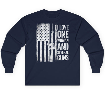 I LOVE ONE WOMAN AND Several GUNS Funny Pro-Gun Long Sleeve Tee - product mockup - Navy