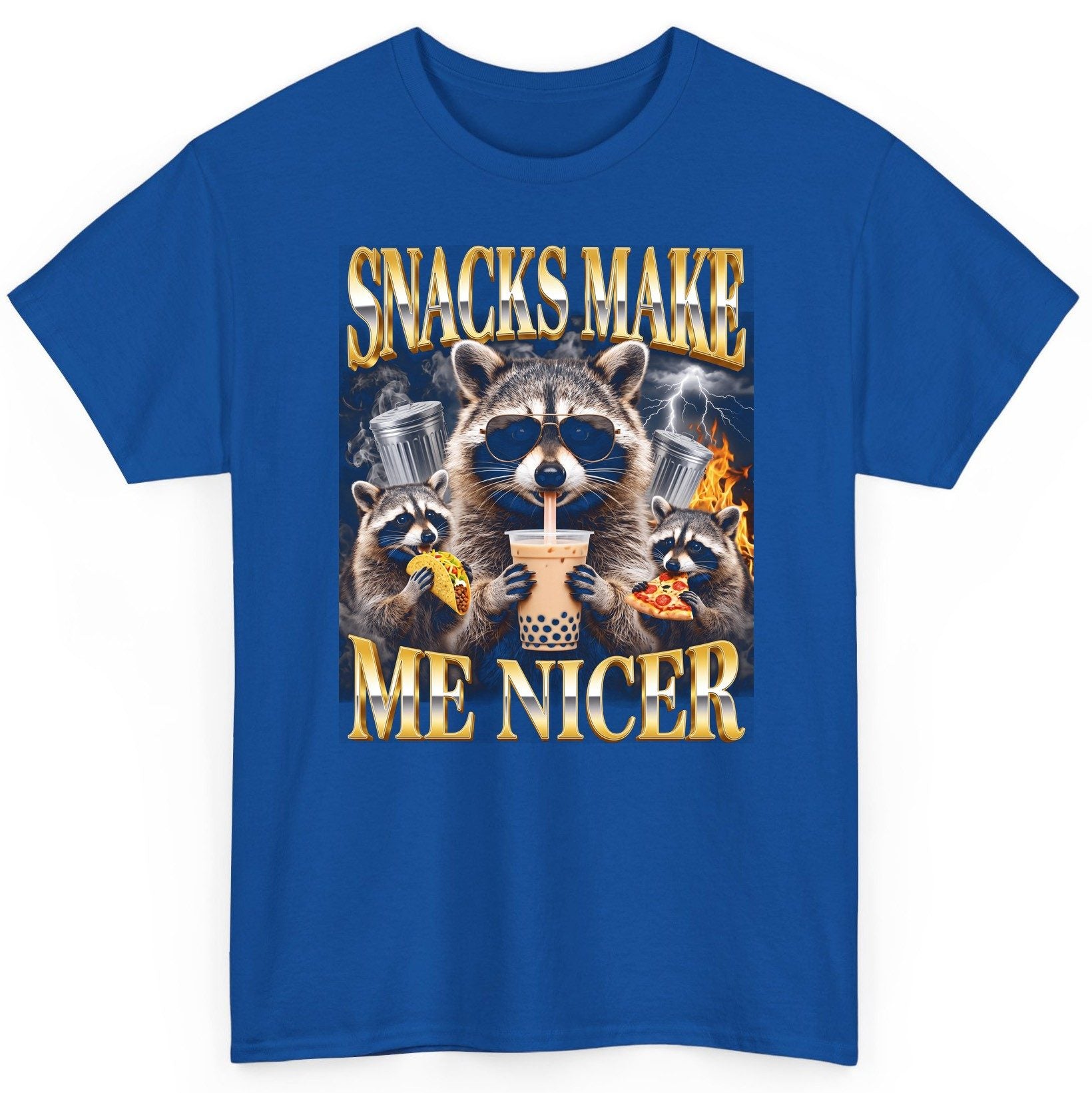 SNACKS MAKE ME NICER Funny Raccoon T-Shirt - product mockup - Royal