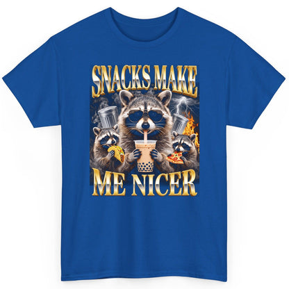 SNACKS MAKE ME NICER Funny Raccoon T-Shirt - product mockup - Royal