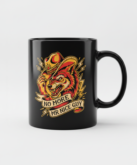 No More Mr Nice Guy Wolf Cowboy Tattoo Art Black Mug - Black