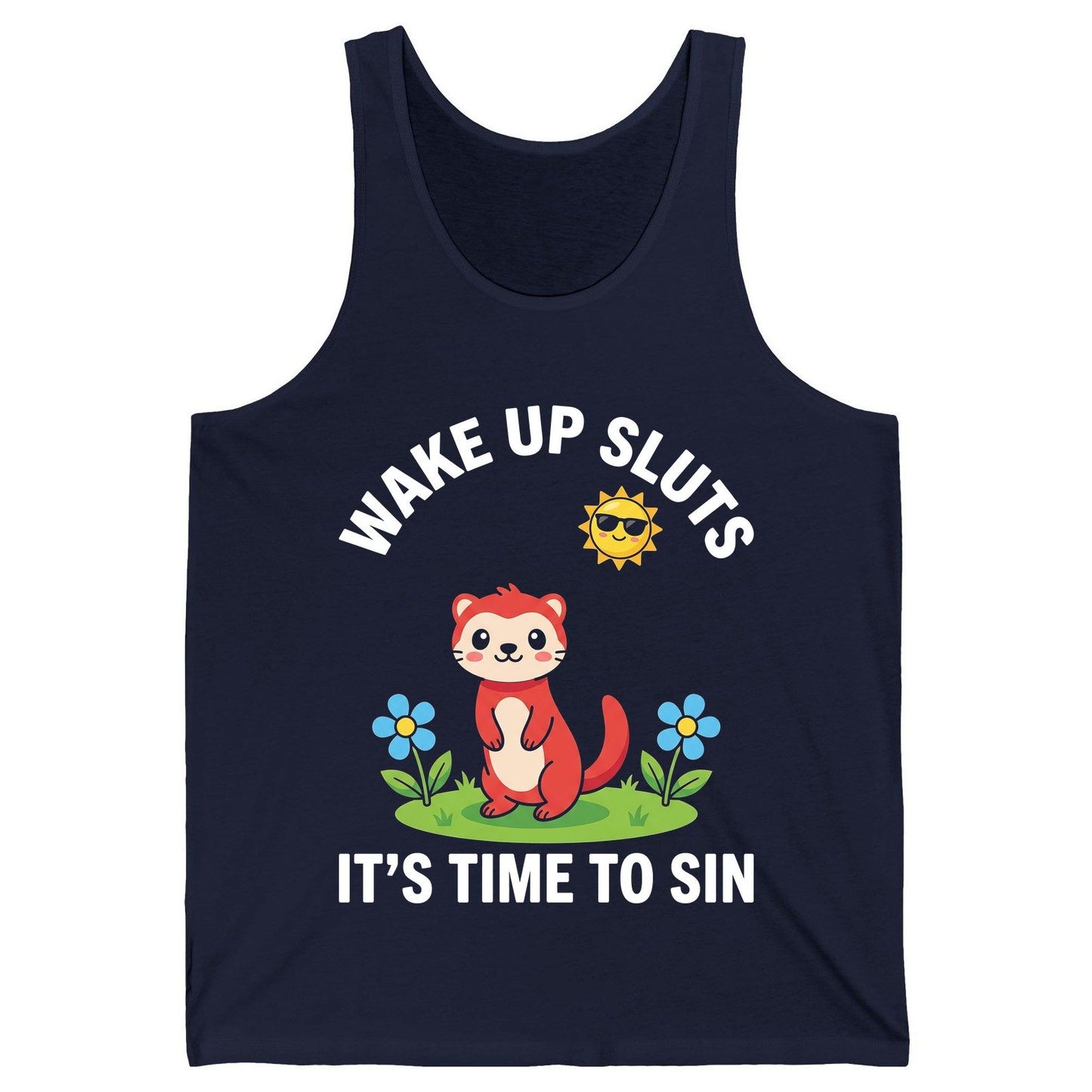 WAKE UP SLUTS IT'S TIME TO SIN Funny Ferret Tank Top - product mockup - Navy