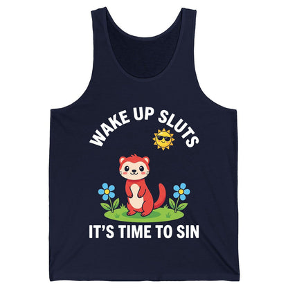 WAKE UP SLUTS IT'S TIME TO SIN Funny Ferret Tank Top - product mockup - Navy