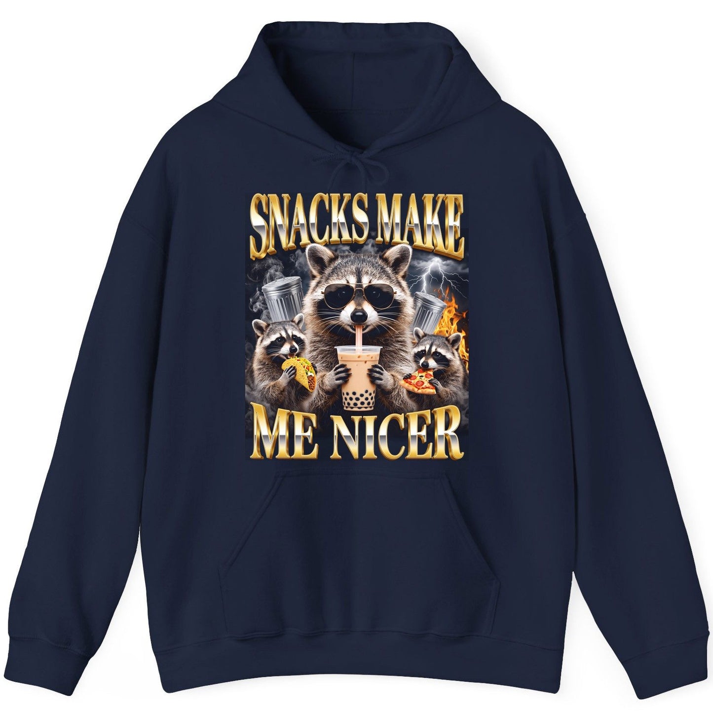 SNACKS MAKE ME NICER Funny Raccoon Hoodie - product mockup - Navy