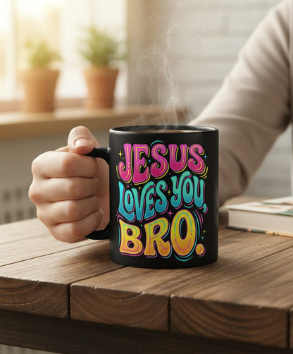 JESUS LOVES YOU BRO Retro Christian Black Mug - lifestyle model mockup - Black