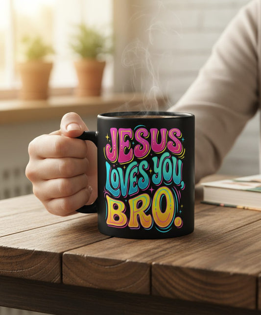 JESUS LOVES YOU BRO Retro Christian Black Mug - lifestyle model mockup - Black