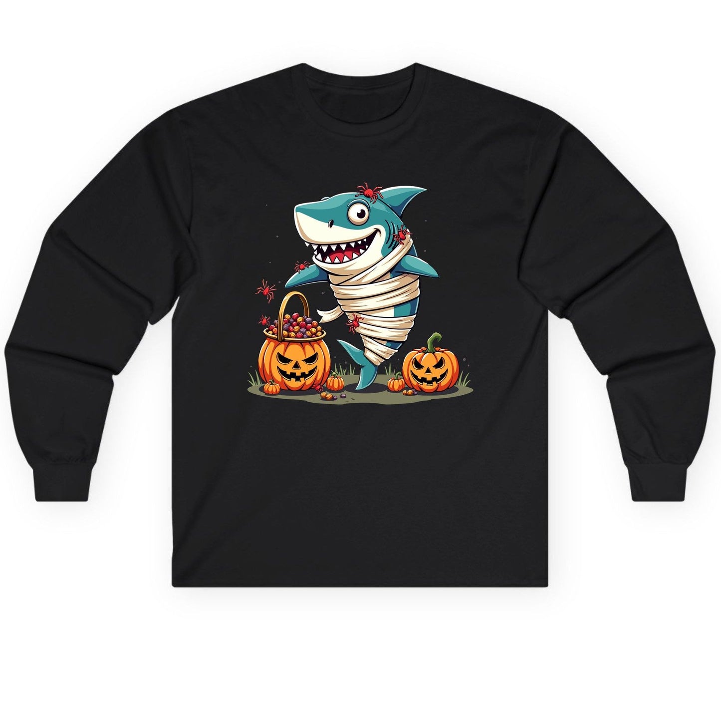 Mummy Shark Halloween shark Long Sleeve Tee Black product mockup