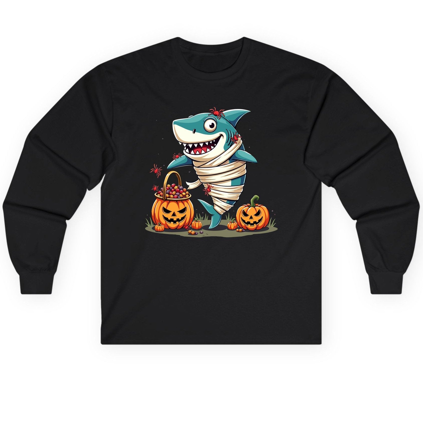 Mummy Shark Halloween shark Long Sleeve Tee Black product mockup